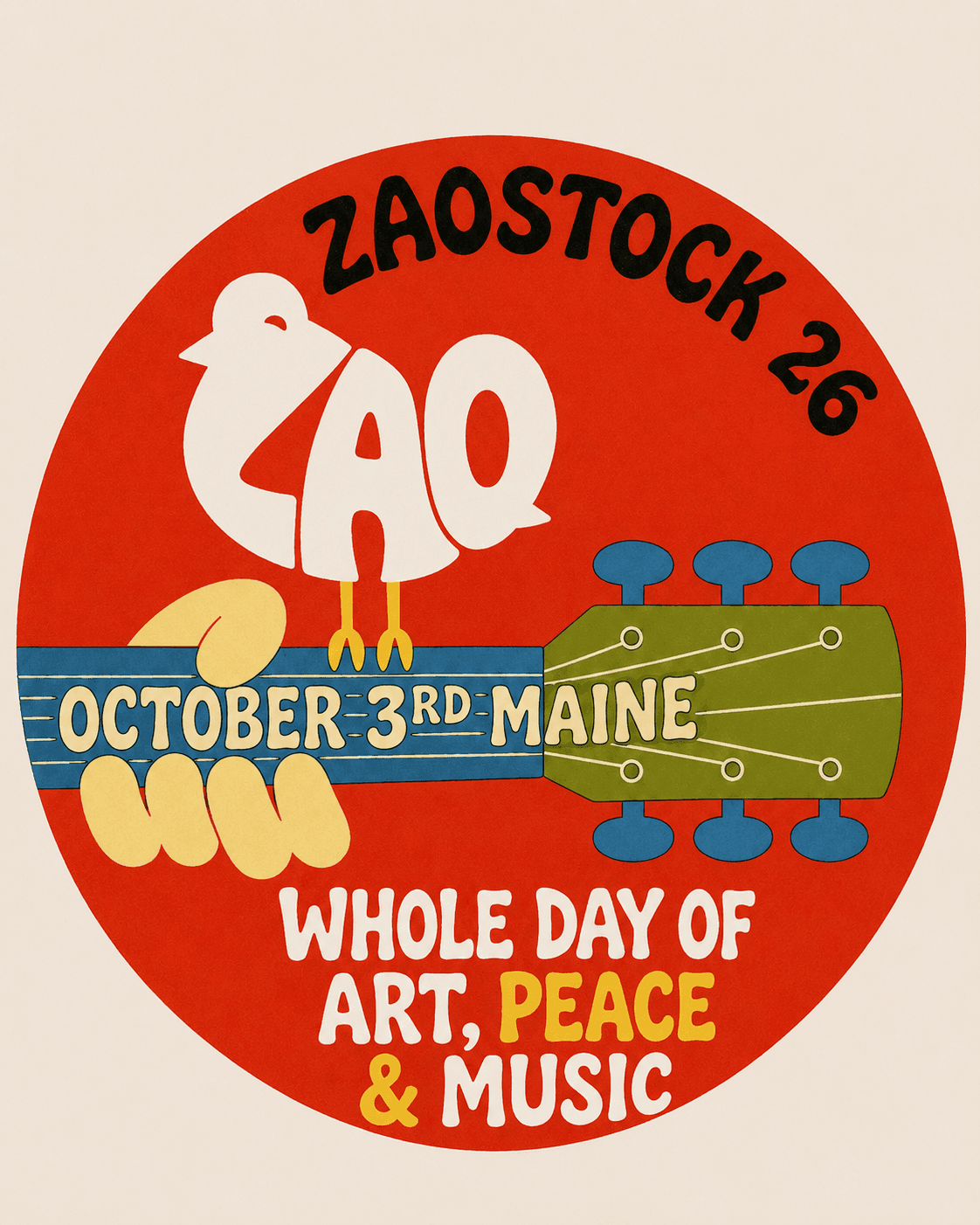 ZAOstock 26 badge: October 3rd, Maine. Whole day of art, peace and music.